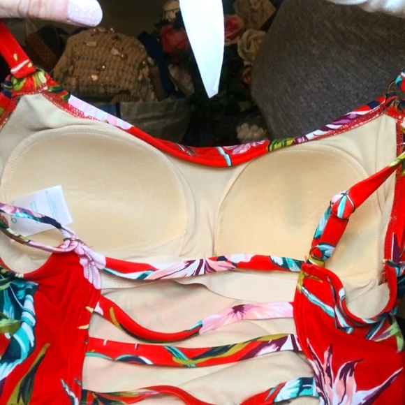 Kona Sol Coral & Multi Floral Hawaiian Print One Piece Ladder Back Swimsuit - Picture 9 of 13